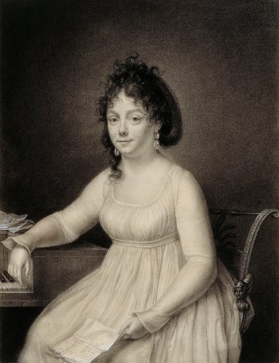 Una dama sentada, tres cuartos de longitud, presumiblemente un miembro de la familia del artista sosteniendo una carta en su mano izquierda y apoyando su brazo derecho en el costado de un piano, 1820 de Jean Baptiste Jacques Augustin