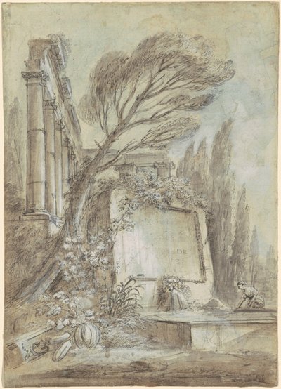 Fantasía arquitectónica de ruinas romanas con una placa de inscripción de Jean Baptiste Lallemand