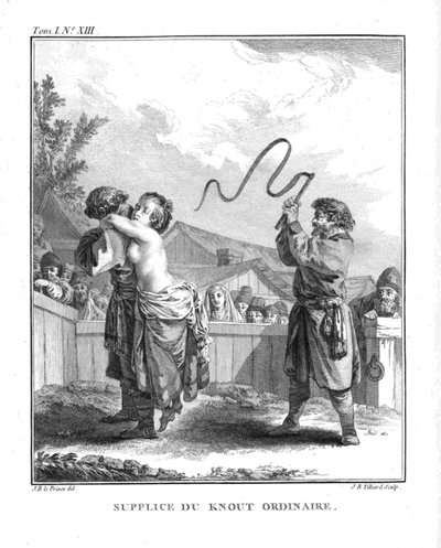 Castigo de Natalia Fyodorovna Lopukhina con un knout ordinario. De Voyage en Sibérie, 1766 de Jean Baptiste Le Prince