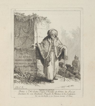 Mujer del pueblo, lámina uno de Divers Habillements des Peuples du Nord de Jean Baptiste Le Prince