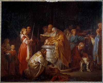 Bautismo ruso Un pope ortodoxo bautiza a un niño frente a sus padres. Pintura de Jean Baptiste Leprince (1733-1781) 1765 de Jean Baptiste Leprince