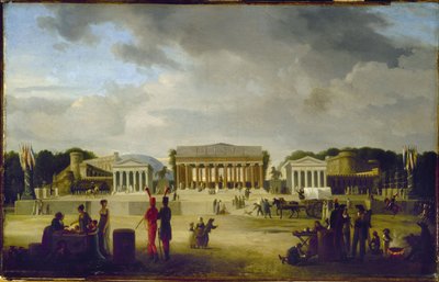 Vue du grand théâtre élevé sur la place de la Concorde pour la fête de la Paix, le 18 brumaire, an X (9 novembre 1801), en 1801 (óleo sobre madera) de Jean Baptiste Louis Cazin