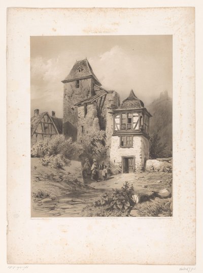 Pueblo de montaña con grupo de figuras. Dibujos de tinta lavada sobre piedra (título de la serie) Lavis de Hubert (título de la serie sobre el objeto) de Jean Baptiste Louis Hubert