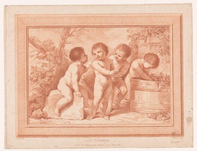 Cuatro amorcillos con un tonel de vino La Vendange (título sobre objeto) de Jean Baptiste Lucien