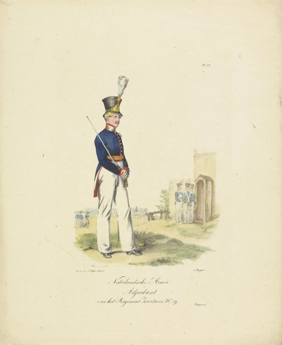 Ayudante del Regimiento Suizo, 1820-1825 Nederlandsche Armée Ayudante del Regimiento Suizo No. 29 (título sobre el objeto) Trajes militares del Reino de los Países Bajos. Dedicado a Su Excelencia Willem van Bylandt (título de la serie sobre el objeto de Jean Baptiste Madou