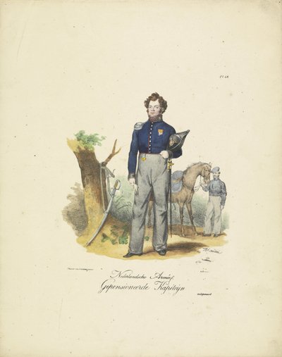 Capitán retirado, 1820-1825 Nederlandsche Armée, Retired Kapiteyn (título sobre el objeto) Trajes militares del Reino de los Países Bajos. Dedicado a Su Excelencia Willem van Bylandt (título de la serie en el objeto) de Jean Baptiste Madou