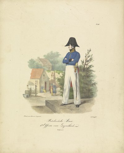 Oficial de Salud, 1820-1825 ejército holandés. 1er Oficial de Salud Trajes militares del Reino de los Países Bajos. Dedicado a Su Excelencia Willem van Bylandt (título de la serie en el objeto) de Jean Baptiste Madou