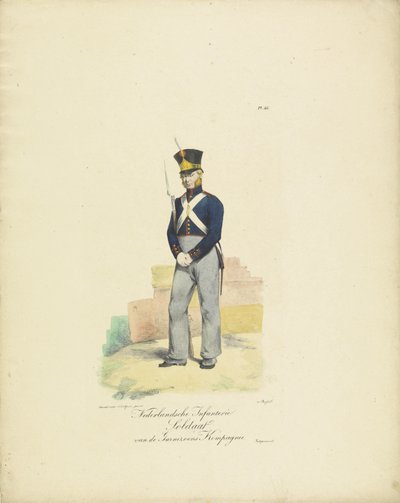 Compañía de guarnición de soldados, 1820-1825 Soldado de infantería holandés de la Garrison Company (título sobre el objeto) Trajes militares del Reino de los Países Bajos. Dedicado a Su Excelencia Willem van Bylandt (título de la serie en el objeto) de Jean Baptiste Madou