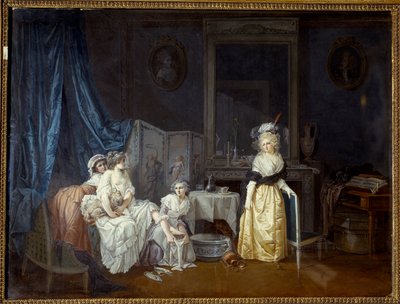 El tocador Una joven con la ayuda de sus doncellas está a punto de bañarse. Pintura de Jean Baptiste Mallet de Jean Baptiste Mallet