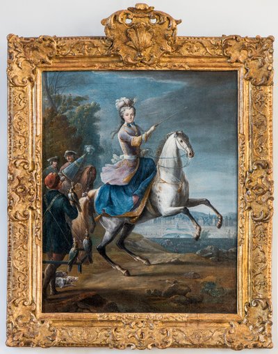 Retrato ecuestre de María Leszczynska, esposa de Luis XV por Martin Jean Baptiste (Martin Des Battailles) (1659 - 1735). (Caza de halcón primero del castillo de Fontainebleau) - Museo de Sceaux de Jean Baptiste Martin