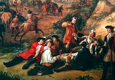 Grupo de Soldados Bebiendo, detalle de Vista del Cuartel General del Príncipe de Conti entre San Sebastián y Hondarribia, junio de 1719 (detalle) de Jean Baptiste Martin
