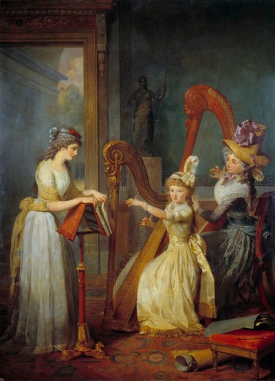 Stephanie Felicite Ducrest de Saint-Aubin, Condesa de Genlis (llamada Madame de Genlis) (1746-1830) da una lección de arpa a los hijos del Duque de Orleans en el castillo de Saint Leu de Jean Baptiste Mauzaisse