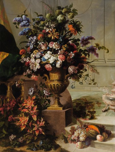 Un ramo de flores en una urna de bronce dorado sobre una base de pórfido en un entorno arquitectónico de Jean Baptiste Monnoyer
