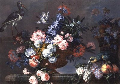 Naturaleza muerta de frutas y flores con pájaros de Jean Baptiste Monnoyer