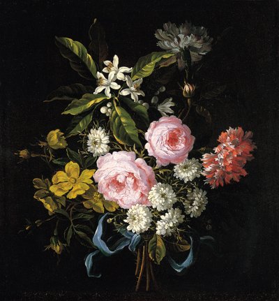 Ramo de manzanilla, rosas, flor de azahar y claveles atados con una cinta azul de Jean Baptiste Monnoyer