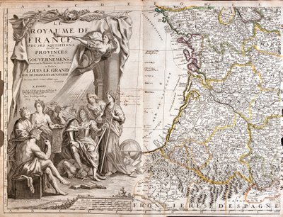 Mapa de Guyenne y Gascuña, con un retrato de Luis XIV (1638-1715) rodeado de personajes alegóricos de Jean Baptiste Nolin
