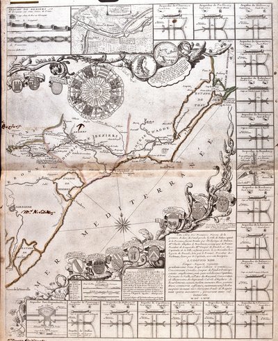 Mapa del Canal du Midi, con sus acueductos de Jean Baptiste Nolin