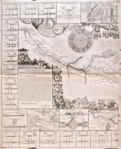Mapa del Canal du Midi, con sus acueductos de Jean Baptiste Nolin