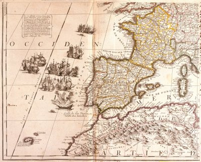 Mapa de los países del Mediterráneo Occidental: Francia, España, Portugal y África del Norte (Marruecos, Argelia, Túnez), con las Baleares, Córcega y Cerdeña de Jean Baptiste Nolin