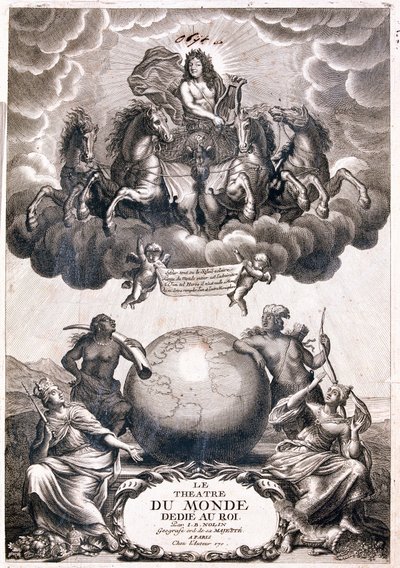 Retrato de Luis XIV, volando sobre un globo terráqueo, página de título (Grabado) de Jean Baptiste Nolin