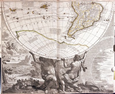 Dos hombres sostienen el globo terráqueo, con el mapa de Sudamérica de Jean Baptiste Nolin