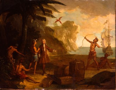 América - Un comerciante europeo negociando con nativos americanos por un barril de tabaco y otros bienes, 1724 de Jean Baptiste Oudry