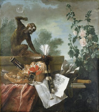 Una alegoría del aire: una naturaleza muerta musical con un mono soplando burbujas, una musette, una flauta y partituras musicales de Jean Baptiste Oudry