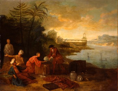 Asia - Un comerciante europeo comprando porcelana a un comerciante chino, 1724 de Jean Baptiste Oudry