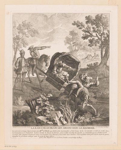 Transportista con caballos cae al agua La Rancune en brancart abbatu dans le bourbier (título sobre objeto) Escenas de Roman Comique de Scarron (título de la serie) de Jean Baptiste Oudry