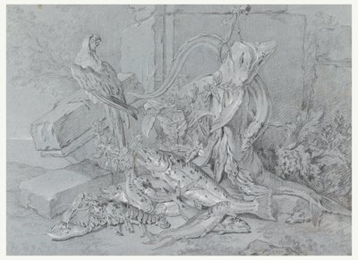 Dibujo, Naturaleza muerta con pez y loro, 1740 de Jean Baptiste Oudry