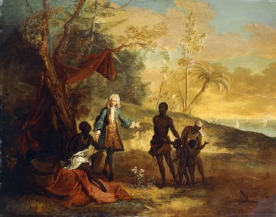 De las cuatro partes del mundo - África: Un comerciante europeo intercambiando con un jefe negro, 1724 de Jean Baptiste Oudry