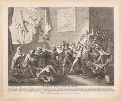 pelea en un teatro Bataille arrivée dans le tripot (título sobre objeto) Escenas de Roman Comique de Scarron (título de la serie) de Jean Baptiste Oudry