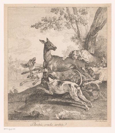 Ciervo emboscado por los sabuesos
Arétés, cruels, arétéz (...) (título en el objeto)
Escenas de caza (título de la serie) de Jean Baptiste Oudry