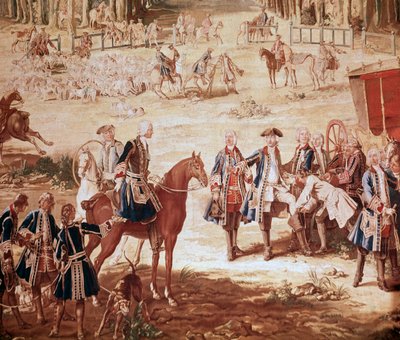 Caza de Luis XV. El rey Luis XV cazando en el bosque de Compiègne (La caza de Luis XV - Tapiz) el inicio de la jauría (detalle) - Tapiz de Jean Baptiste Oudry (1686-1755) de Jean Baptiste Oudry