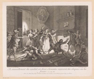 Interior met groep vechtende mensen Renovación de la pelea donde dos sirvientes reciben palmadas en las nalgas (título sobre objeto) Escenas de Roman Comique van Scarron (título de la serie) de Jean Baptiste Oudry