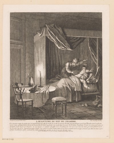 El hombre se despierta sobresaltado por el orinal que se vacía sobre él Lavanture du pot de chambre (título sobre objeto) Escenas de Roman Comique de Scarron (título de la serie) de Jean Baptiste Oudry