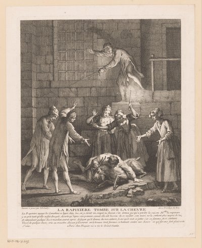 Hombre valt bovenop een geit La Rapinière cae sobre la cabra (título sobre objeto) Escenas de Roman Comique van Scarron (título de la serie) de Jean Baptiste Oudry