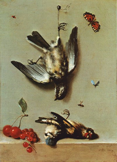 Naturaleza muerta con tres pájaros muertos, grosellas, cerezas e insectos de Jean Baptiste Oudry