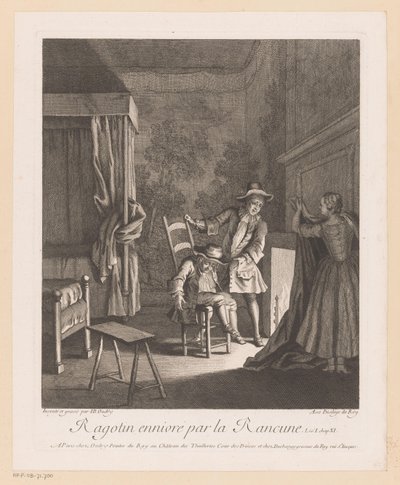 Ragotin borracho en una silla junto al fuego Ragotin ennivré par la rancune (título sobre objeto) Escenas de Roman Comique de Scarron (título de la serie) de Jean Baptiste Oudry