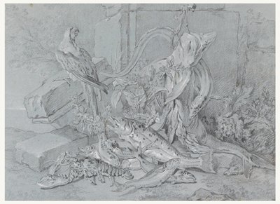 Naturaleza muerta con pescado y loro de Jean Baptiste Oudry