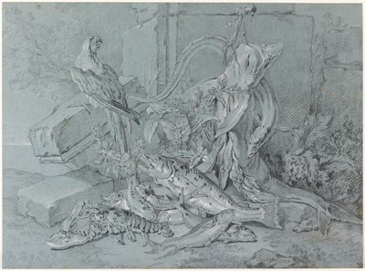Bodegón con pez y loro de Jean Baptiste Oudry