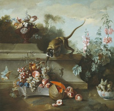Naturaleza muerta con mono, frutas y flores de Jean Baptiste Oudry