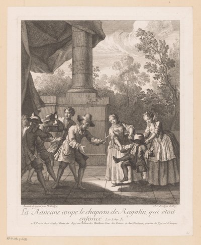 Tejido tejido de Hoed van Ragotin La Rancune le corta el sombrero a Ragotin (título sobre objeto) Escenas de Roman Comique van Scarron (título de la serie) de Jean Baptiste Oudry