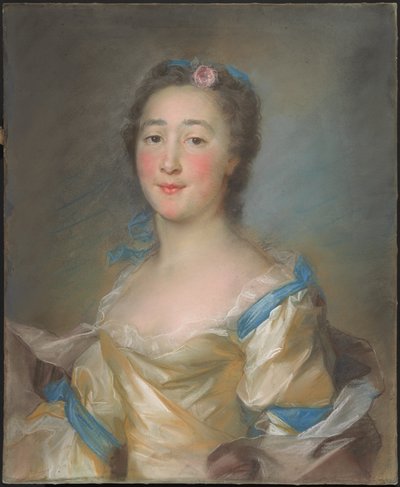 Una joven con un vestido amarillo con cintas azules de Jean Baptiste Perronneau