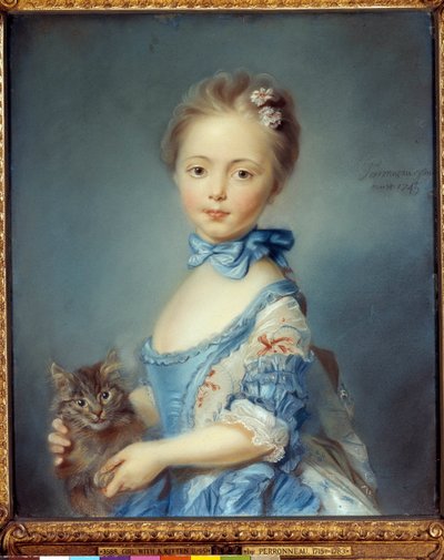 Retrato de la joven con el gato. Pintura al pastel de Jean-Baptiste Perroneau (1715-1783) de Jean Baptiste Perronneau