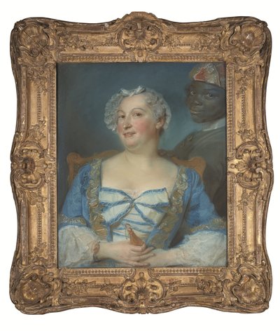 Retrato de una mujer con vestido azul y su criado negro de Jean Baptiste Perronneau