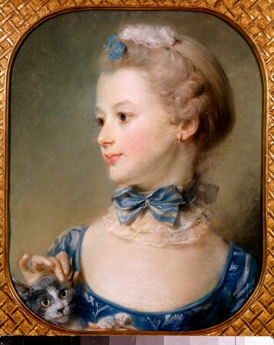 Retrato de una niña con un gato de Jean Baptiste Perronneau