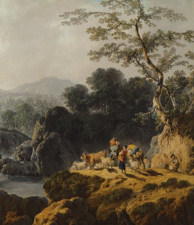 Un paisaje de valle fluvial con pastores y viajeros de Jean Baptiste Pillement