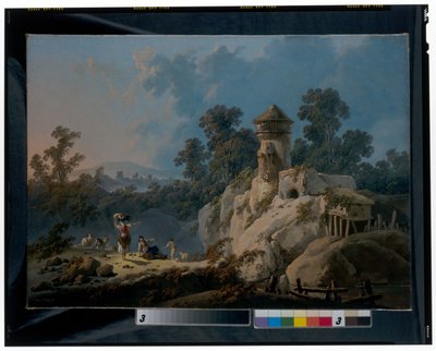 Un extenso paisaje con pastores descansando con sus rebaños bajo una torre de Jean Baptiste Pillement