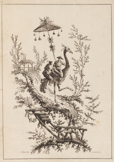 Jinetes de Avestruces, Placa de un Conjunto de Representaciones Chinoiserie de Jean Baptiste Pillement